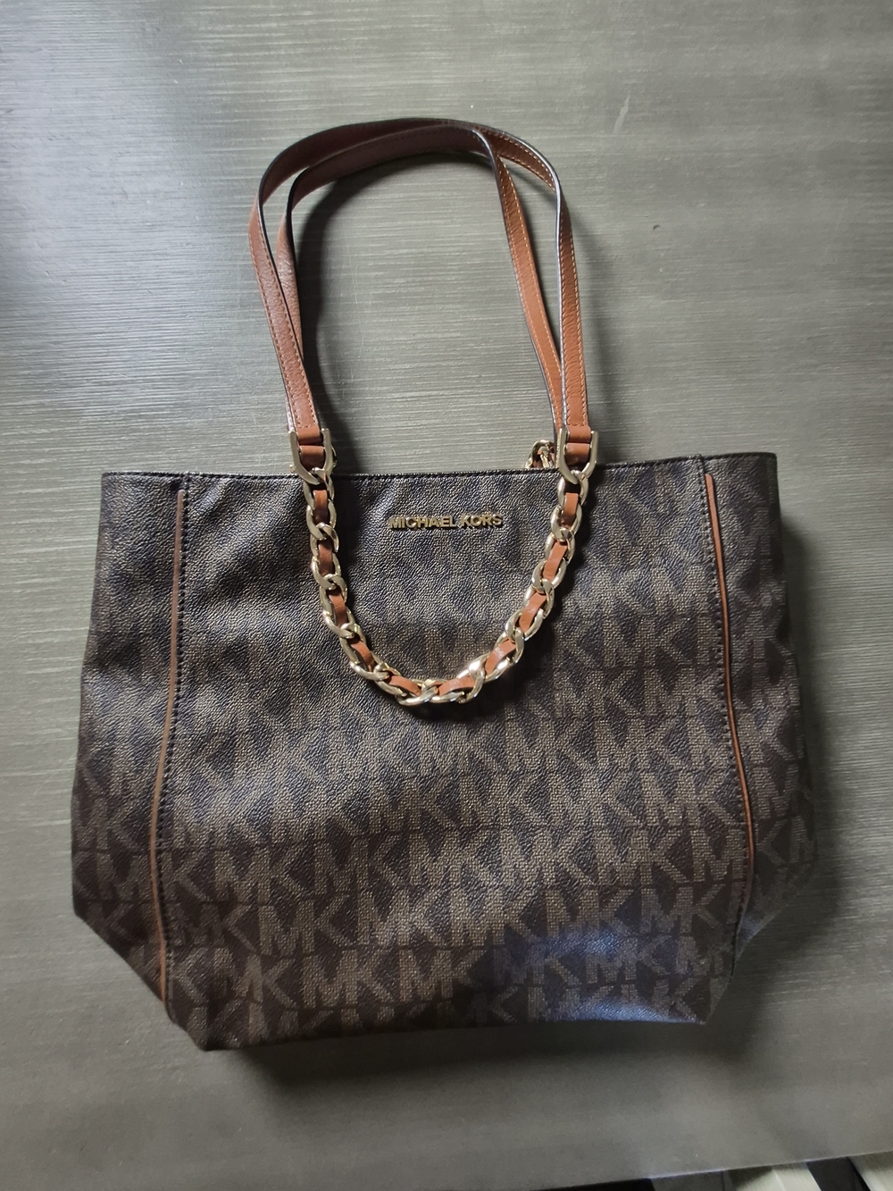 Michael Kors Brown Logo Tote Bag with Chain Detail